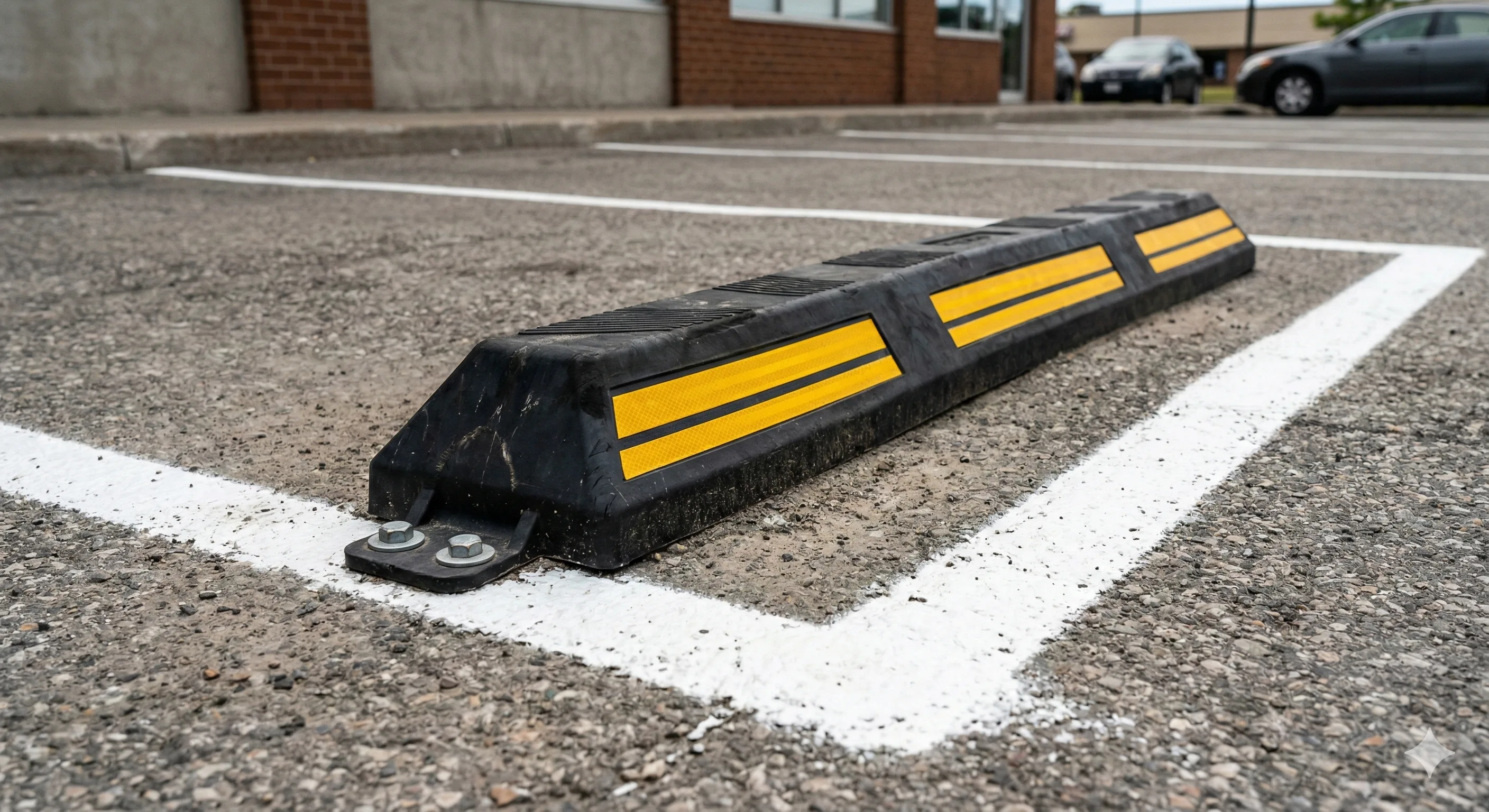 Butée de roue - Butée en caoutchouc recyclé avec bandes jaunes.