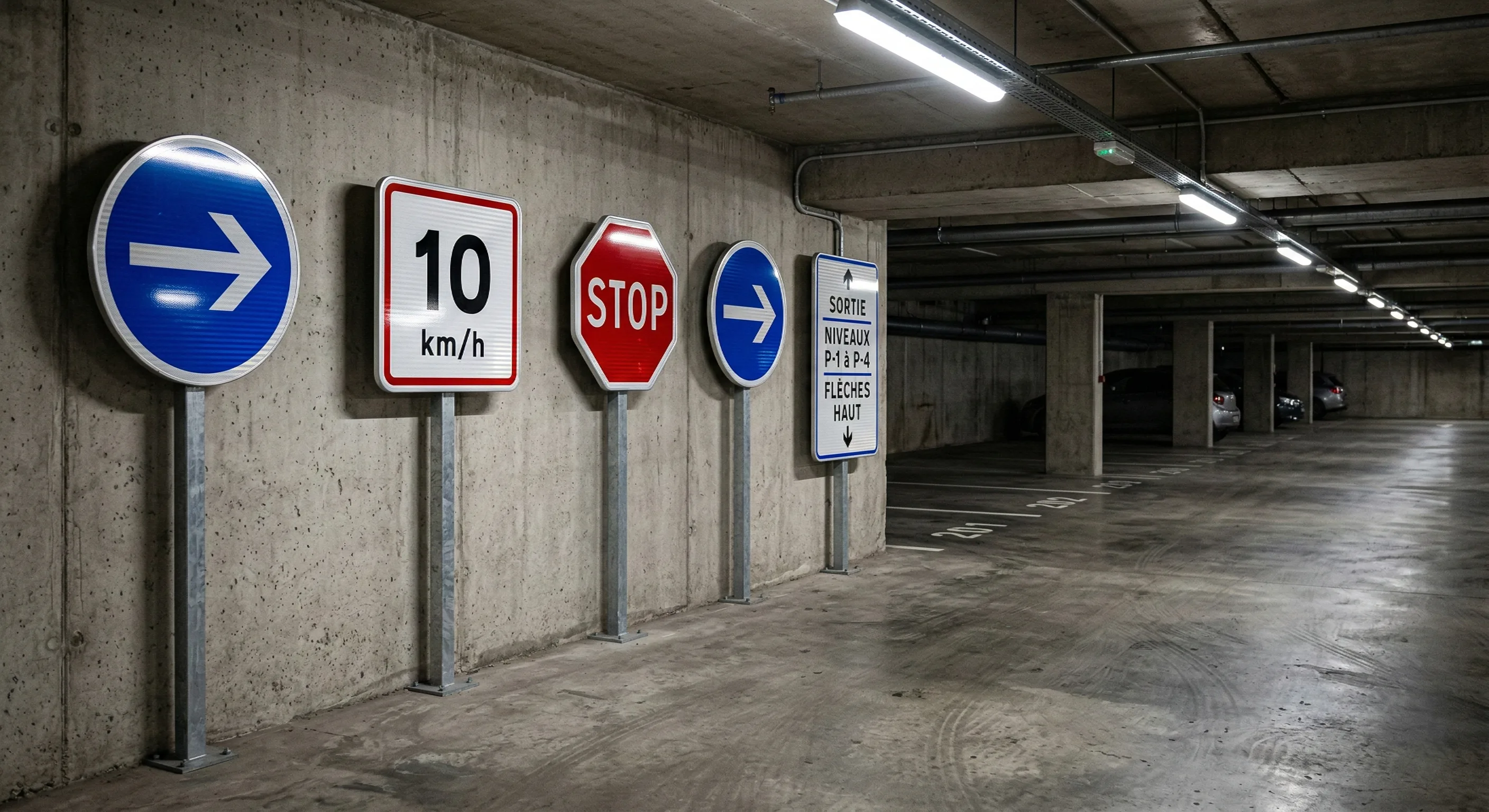 Installation de panneaux de signalisation verticale sur parking par Rénov Route